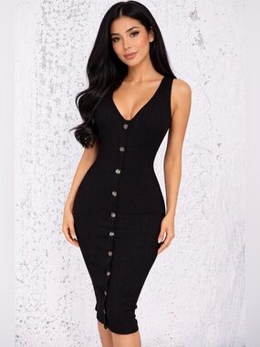 Fashion Nova Black Ribbed Sheath Dress V-Neck Midi NWT